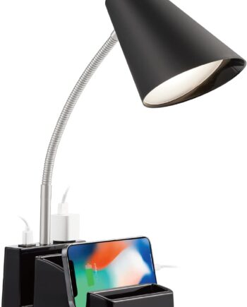 LED Desk Lamp with 1 USB Charging Port and 1 AC Outlet, Organizer Base, Adjustable Neck, On/Off Switch, Modern Table Lamp for Reading, Working, Studying, Gentle Warm White Light, Eye Protect