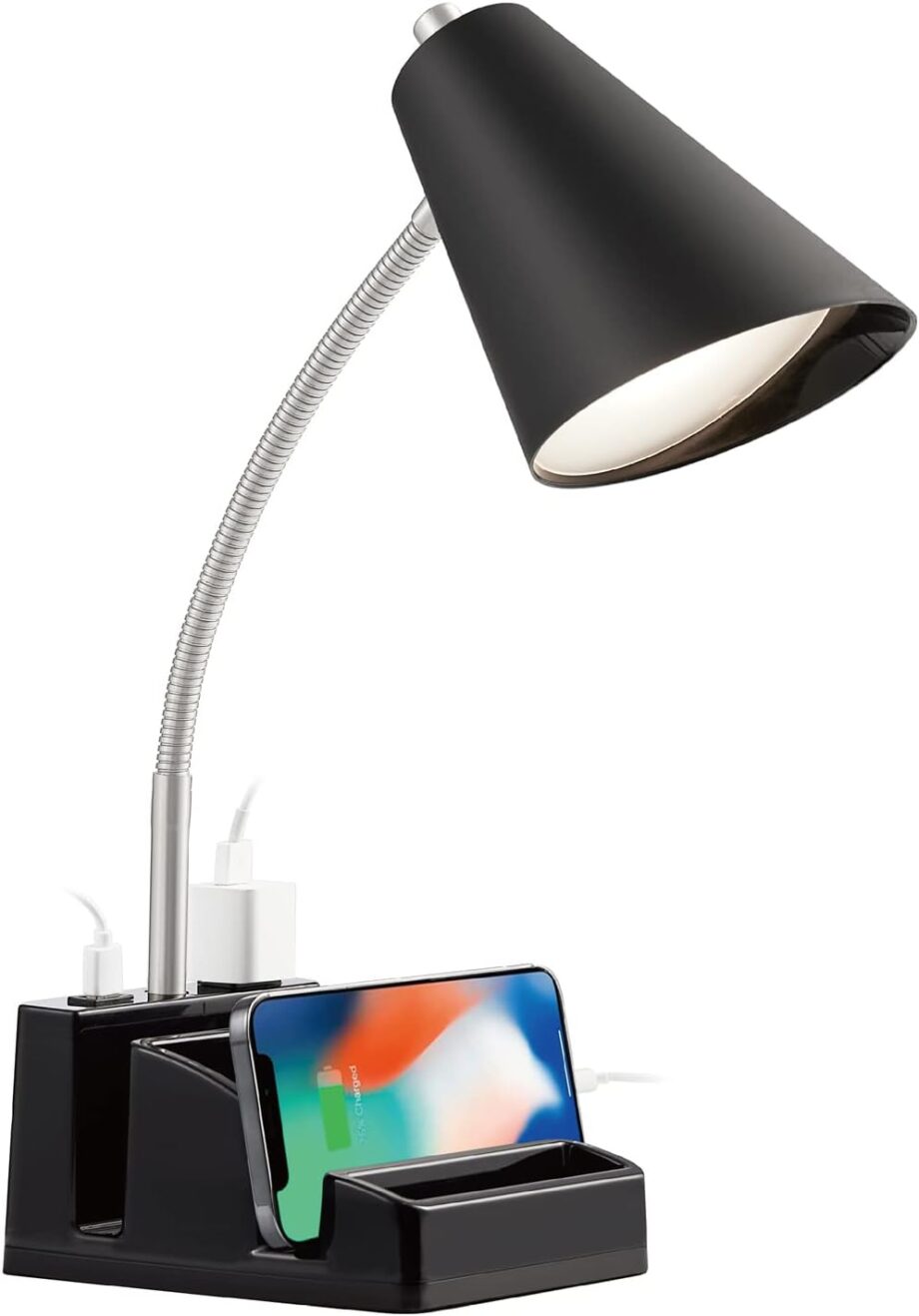 LED Desk Lamp with 1 USB Charging Port and 1 AC Outlet, Organizer Base, Adjustable Neck, On/Off Switch, Modern Table Lamp for Reading, Working, Studying, Gentle Warm White Light, Eye Protect