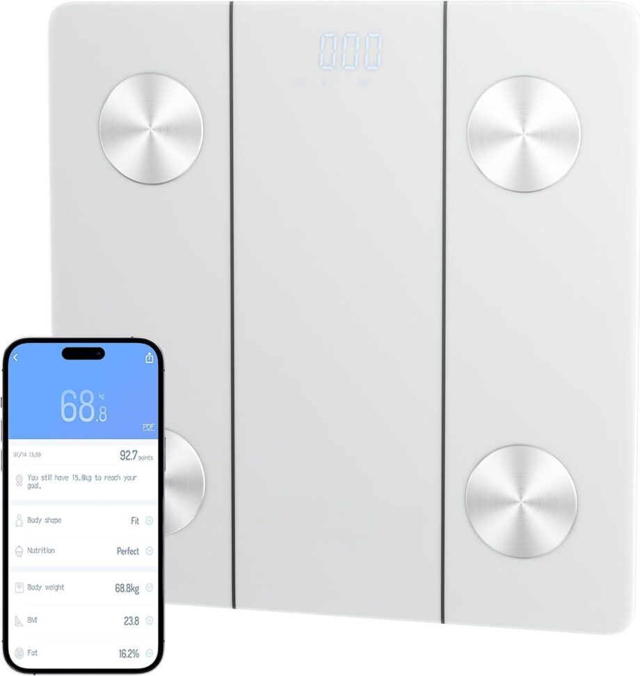 Smart Scale for Body Weight, Digital Bathroom Scale with LED Display, 12 Body Composition Metrics, Body Fat BMI Health Monitor, Bluetooth Sync with Apps, 400lb Capacity, Tempered Glass