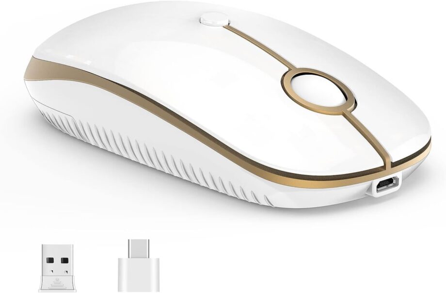 Wireless Mouse, USB C Mouse Dual Mode 2.4G Cordless Mice with USB and Type C Receiver Compatible with PC, Laptop, MacBook and All Type C Devices-White and Gold