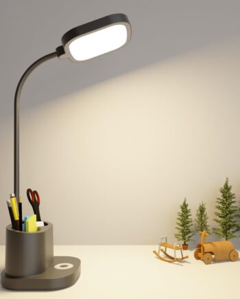 Desk Lamps for Office Desktop With  Charging Port, 3 Bright Lighting Modes, Rechargeable, Cordless, Powered Operated, Pen Holder, Nightlight, Portable, Tall Gooseneck Flexible Adjustable, Black