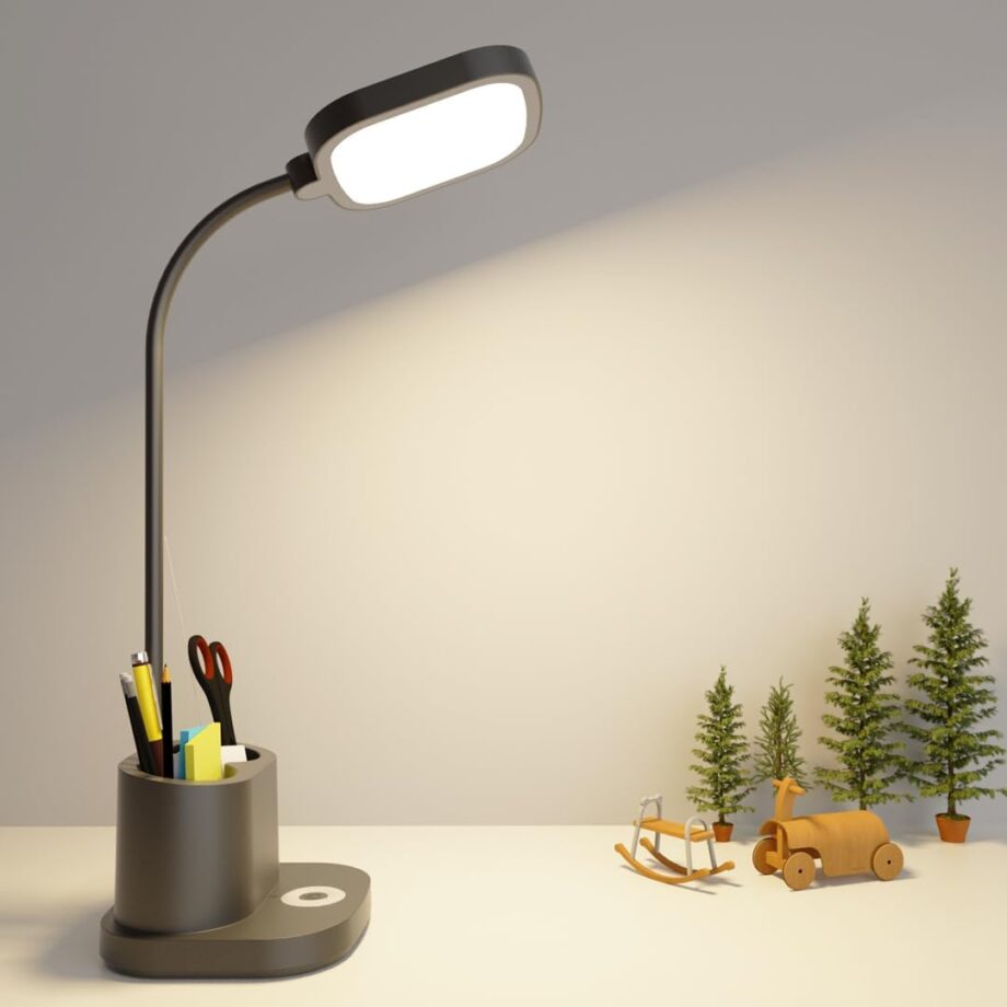 Desk Lamps for Office Desktop With  Charging Port, 3 Bright Lighting Modes, Rechargeable, Cordless, Powered Operated, Pen Holder, Nightlight, Portable, Tall Gooseneck Flexible Adjustable, Black