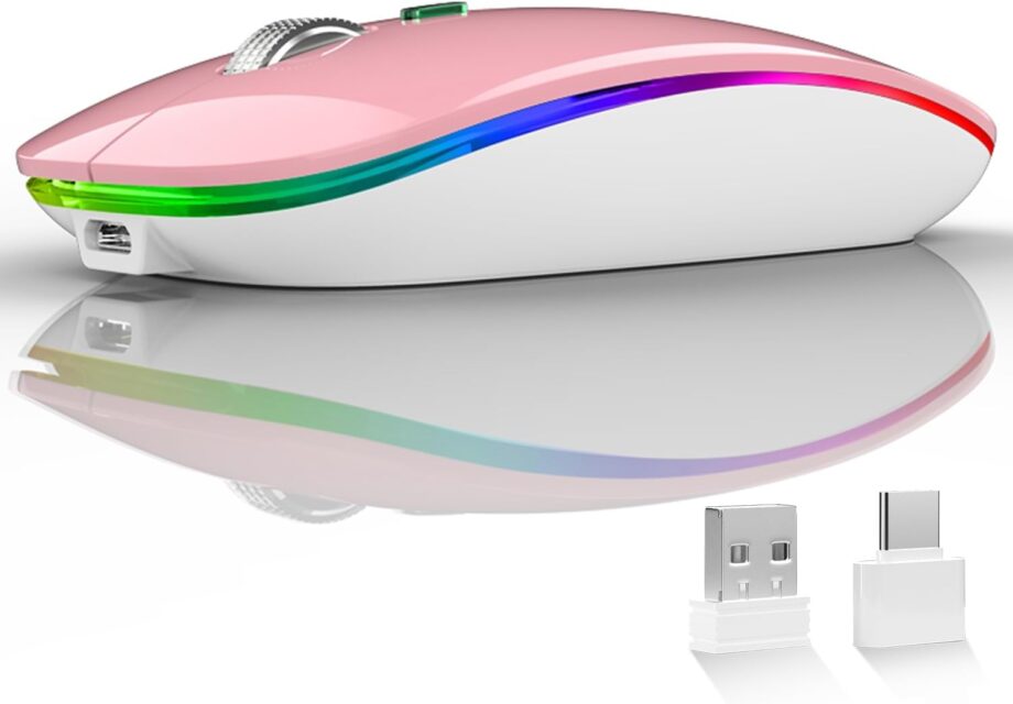 Wireless Mouse, G12 Slim Rechargeable Silent 2.4G Portable USB Optical Computer Mice with Receiver and Type C Adapter (Pink)