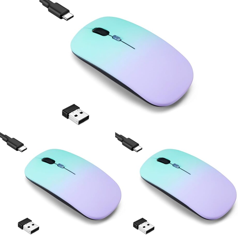 3 Pack Wireless Bluetooth Mouse,LED Dual Mode Rechargeable Silent Slim Laptop Mouse,Portable(BT5.2+USB Receiver)Dual Mode Computer Mice,for Laptop,Desktop Computer,ipad Tablet,Phone,Mac-Green purple