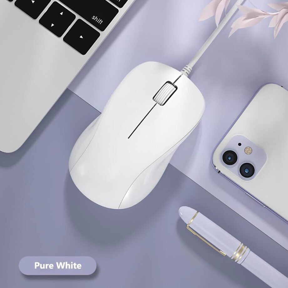 USB Silent Wired Computer Mouse with  for Office and Home, 1200DPI, Premium and Portable, Compatible with Windows PC, Laptop, Desktop, Notebook (White)