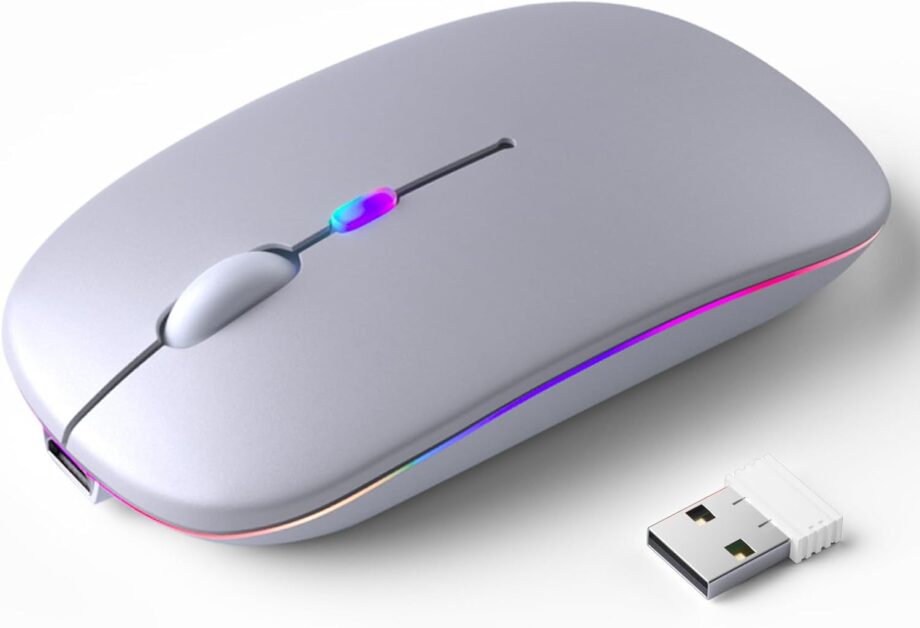 Wireless Bluetooth Mouse – Rechargeable, Silent, Dual Mode (Bluetooth 5.2 & USB) with LED Lights – Portable for Laptop, Desktop, & Tablet(Silver)