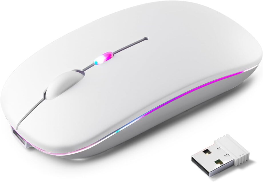 Wireless Bluetooth Mouse – Rechargeable, Silent, Dual Mode (Bluetooth 5.2 & USB) with LED Lights – Portable for Laptop, Desktop, & Tablet(White)