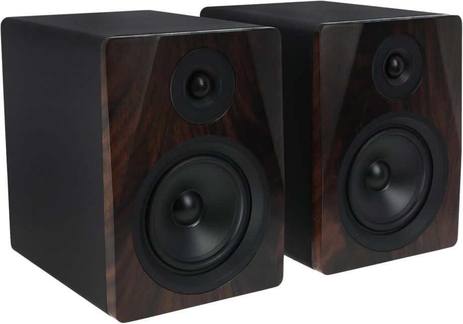 5.25" 2-Way 250W Active Studio Monitor Speakers  - Dark Wood, Class D lifier, / Inputs, Neodymium Silk Dome Tweeter, Bass/Treble Control, Computer-Optimized Crossover