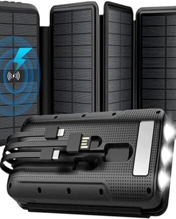 Solar Charger, Power Bank, Portable Charger,43800mAh 3.0 Fast Charger Qi 10W Wireless Charger 4 Solar Panel Built-in 2 Kinds Output Cable and 680Lumen flashlights