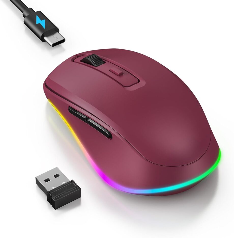 Wireless Mouse Jiggler - LED Wireless Mice with Build-in Mouse Mover, Rechargeable Moving Mouse for Laptop with Undetectable Random Movement Keeps Computers Awake - Red