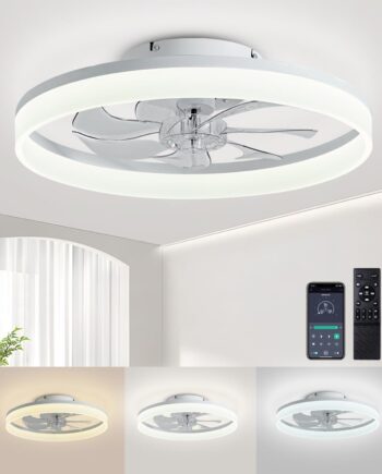 Ceiling Fans with Lights and Remote, 20" Modern Low Profile Ceiling Fan with Light, Stepless Color Temperature Change and 6 Speeds, Flush Mount Ceiling Fans for Bedroom, Kids Room.（White）