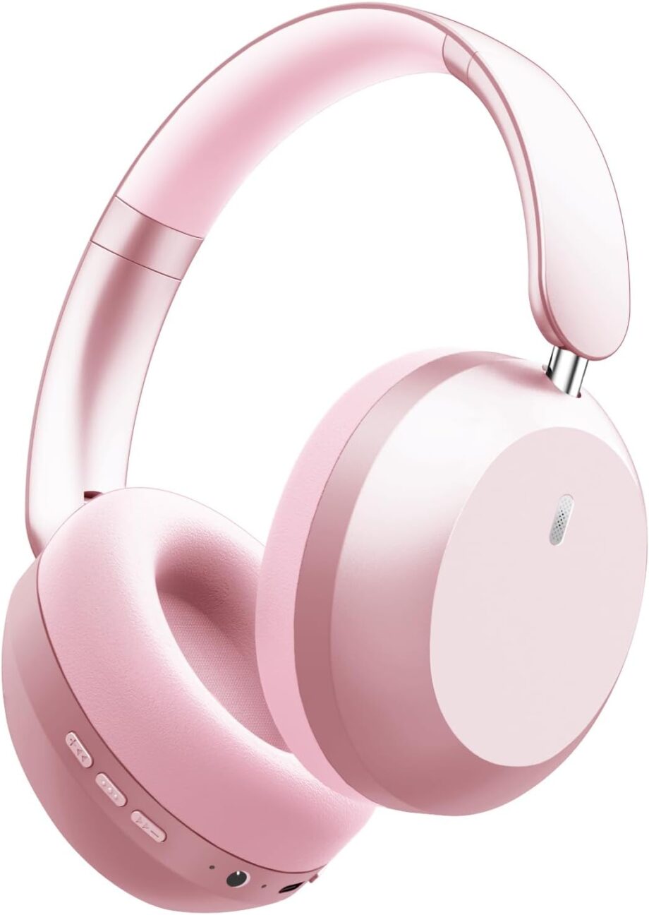 Bluetooth Headphones Wireless Over Ear with Microphone 48 Hours Playtime, High Sound Quality Foldable Soft Earpads Earphones for Travel - Pink