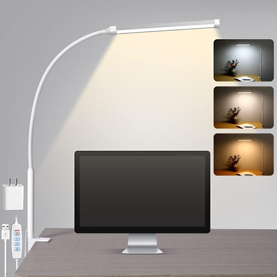 Desk Lamp with Clamp, Eye-Caring Clip on Lights for Home Office, 3 Modes 10 Brightness, Long Flexible Gooseneck, Metal, Swing Arm  Task Table Lamps with  Adapter, White