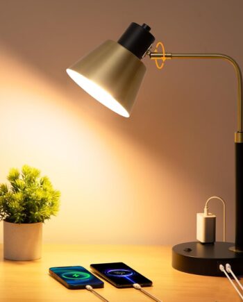 Desk Lamp with +Type C Port and AC Outlet, Table Lamp Adjustable Head Heavy Duty Metal Matte Black Base Modern Brushed Brass Finished Desk Light for Office Home Reading Study