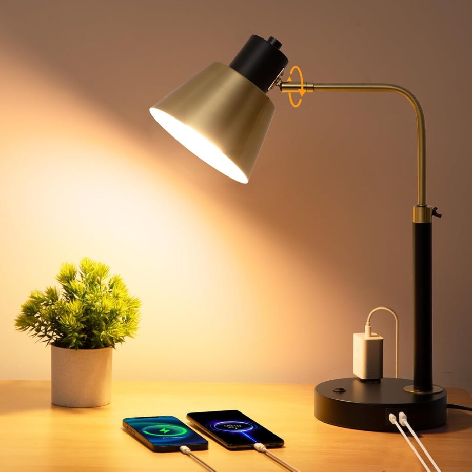 Desk Lamp with +Type C Port and AC Outlet, Table Lamp Adjustable Head Heavy Duty Metal Matte Black Base Modern Brushed Brass Finished Desk Light for Office Home Reading Study