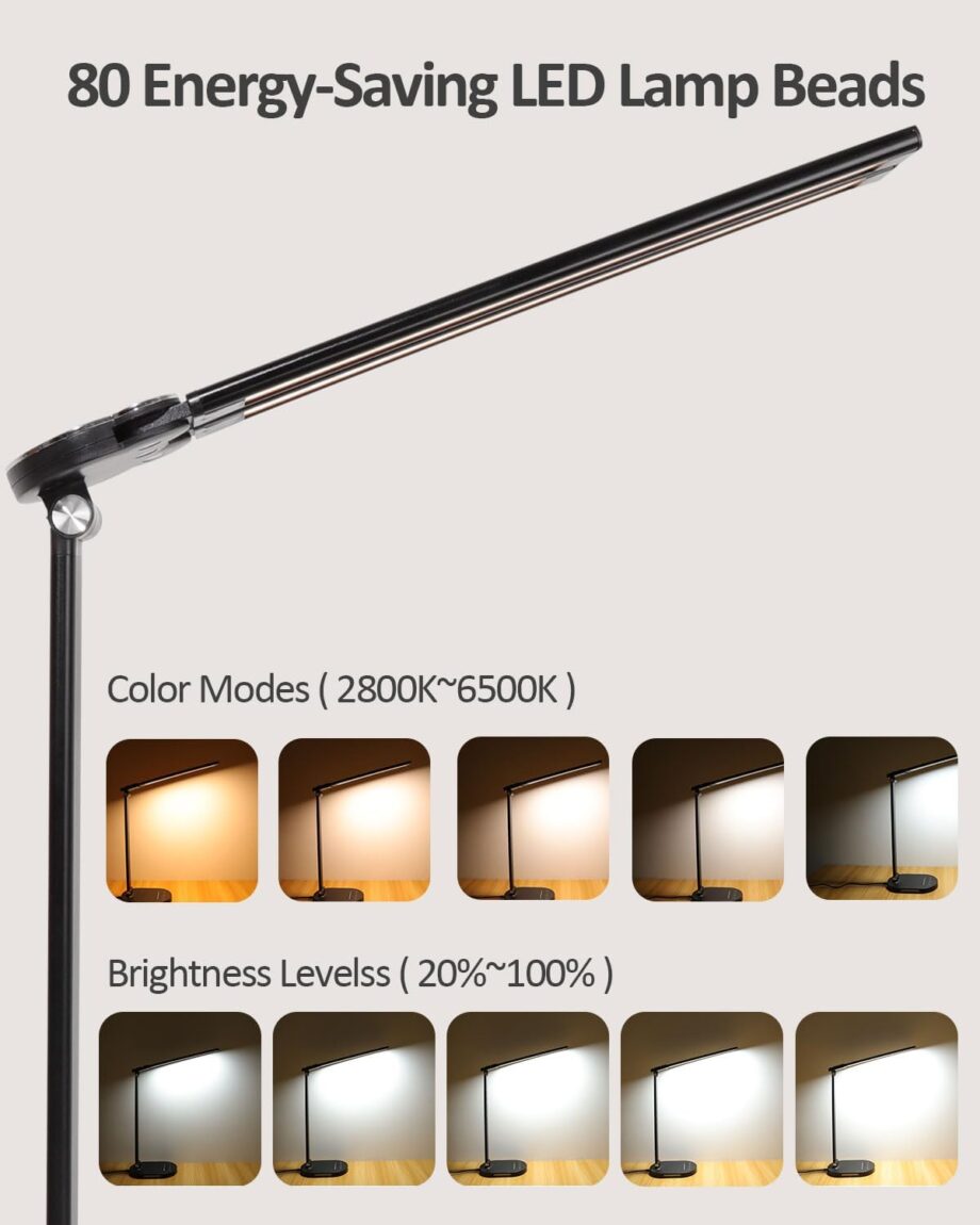 Desk Lamps for Home Office, 14W Double Swing Arm  Desk Lamp with  Charging Port, Eye-Caring  Task Lamp, Desktop Lamp with Night Light Table Light for Work Study Craft with Adapter