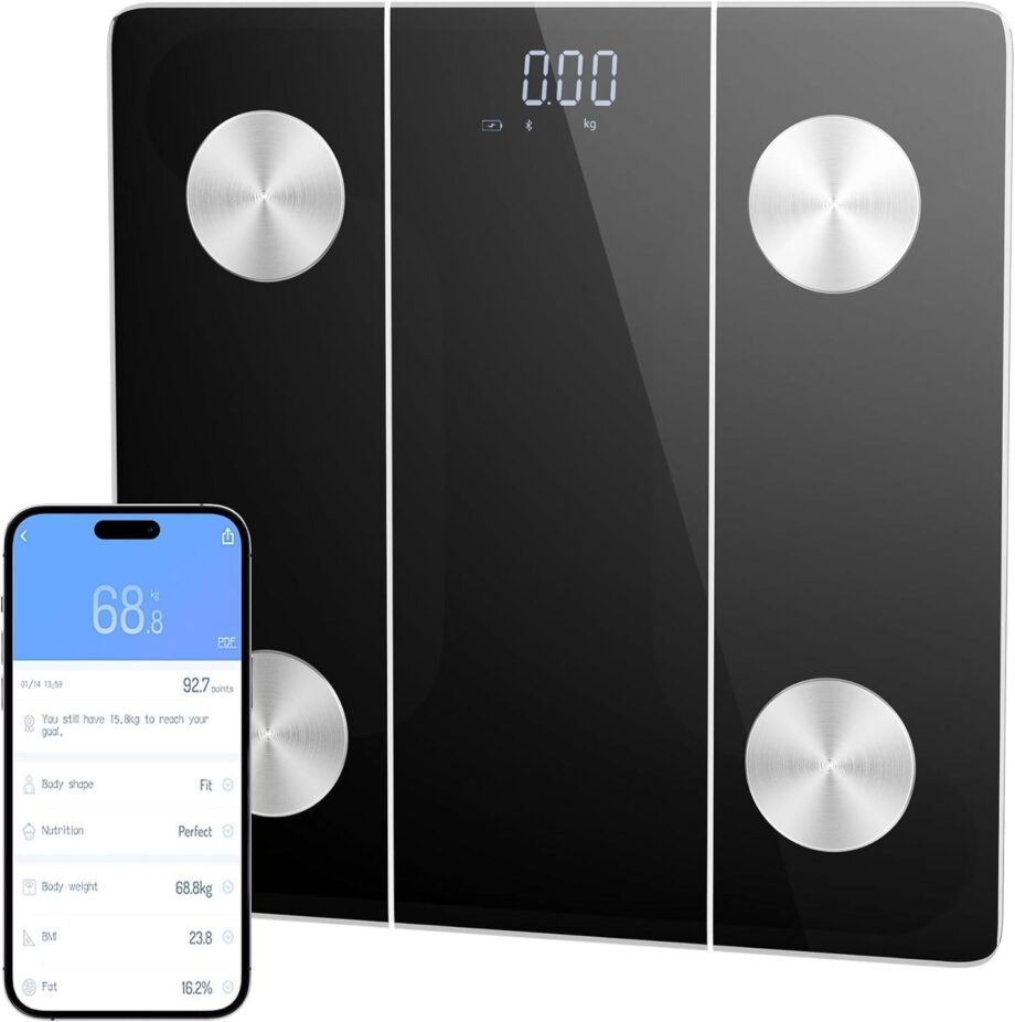 Smart Scale for Body Weight, Digital Bathroom Scale with LED Display, 12 Body Composition Metrics, Body Fat BMI Health Monitor, Bluetooth Sync with Apps, 400lb Capacity, Tempered Glass