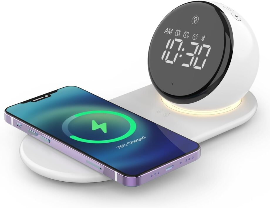 Digital Alarm Clock for Heavy Sleepers Adults, Night Lights, 15W Fast Wireless Charger, 20 White Noise Sounds, 3  Dimmable Touch Table Lamp with Snooze, Gift Ideas for Teens Girls Boys