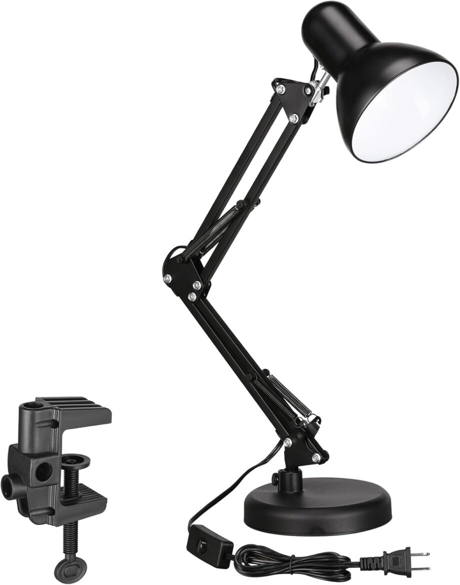 Metal Desk Lamp with Clamp, Swing Arm,  Adjustable Gooseneck Table Lamp, Clip Desk Lights for Home Office, Work, Study, Reading, E26 Base, , Black