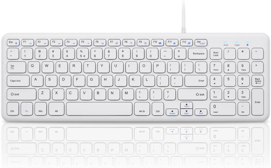 Wired Quiet USB Scissor Keyboard - 14.45x4.76x0.70 Inches - Compact Design with Number Pad - White - US English