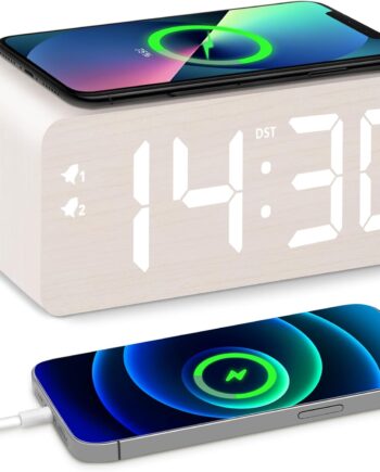 Wooden Digital Alarm Clock, 10W Fast Wireless Charger Station & 2 USB Charging Ports, with 0~99% Dimmer, Dual Alarm, Weekday/Weekend Mode, Wood LED Clock for Bedroom, Desk, Office