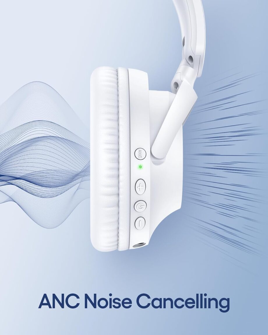 Active Noise Cancelling Headphones 100H Playtime Wireless Over Ear Bluetooth Headphones Fast Charging Earphones with Deep Bass Comfort Light Weight Headsets for Travel Home Office PC White