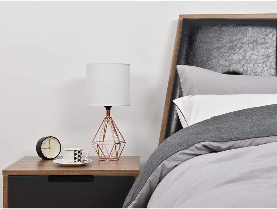 Rose Gold Bedside Table Lamp,Modern Small Desk Lamp with TC Fabric Shade Geometric Metal Base for Kids Living Room Bedroom Nightstand
