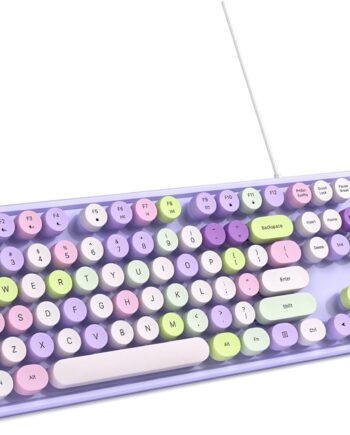 Computer Keyboard Wired, Plug and Play USB Retro Round Typewriter Keyboard, Full Size Wired Keyboard with Foldable Stands for Laptop and Office PC- Purple Colorful