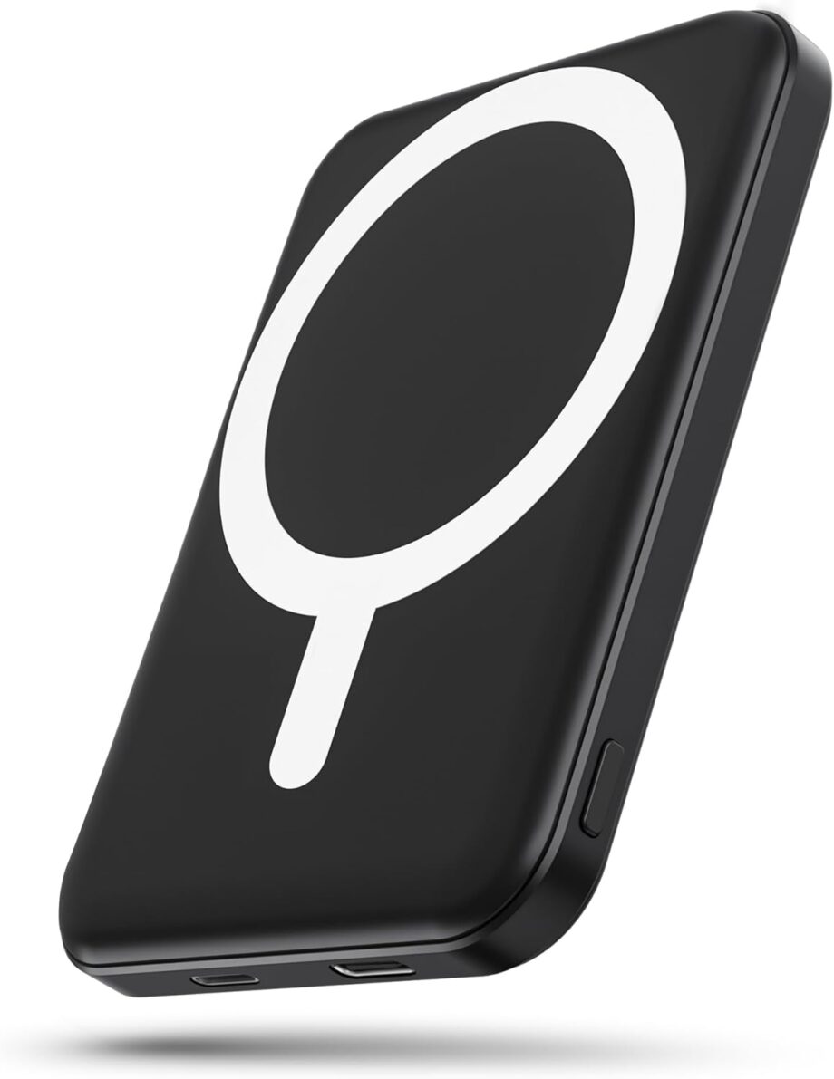 Battery Pack, 5000mAh Magnetic Power Bank with Type-C Cable 20W PD Fast Charging Lighting Input Wireless Portable Charger for iPhone 16/15/14/13/12/ All Series-Black