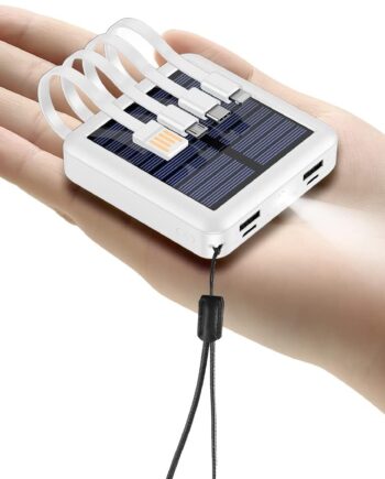 Solar Power Bank 12000mAh,ll Solar Charger Built in 4 Cables,USB C Input/Output,Dual Flashlight External Battery Portable Charger Power Bank for iPhone,Tablet,Samsung