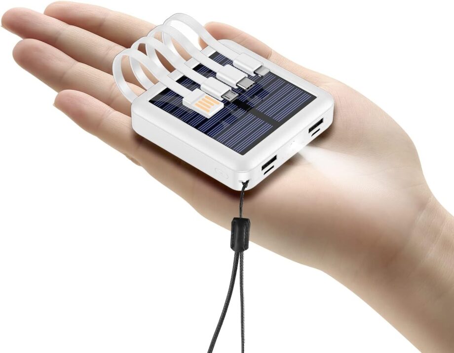 Solar Power Bank 12000mAh,ll Solar Charger Built in 4 Cables,USB C Input/Output,Dual Flashlight External Battery Portable Charger Power Bank for iPhone,Tablet,Samsung