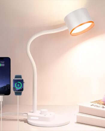 LED Desk Lamp, 1200LM for Home Office, Fully Dimmable Bedside Reading Lamp with USB C + A Charging Ports, 5 Colors, 12W Gooseneck Lamp, Metal Small Table Lamps for Bedroom Living Room White