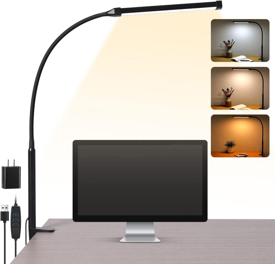 Desk Lamp with Clamp, Eye-Caring Clip on Lights for Home Office, 3 Modes 10 Brightness, Long Flexible Gooseneck, Metal, Swing Arm  Task Table Lamps with  Adapter, Black