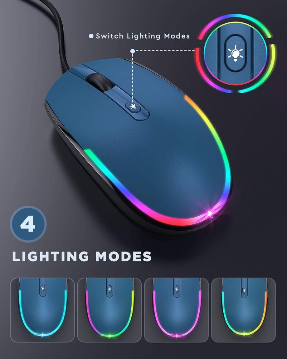 Wired Mouse - USB Computer Mice Wired with RGB Backlit Optical LED Mouse with Attached USB Cord for Laptops Notebooks Chromebook - Blue & Black