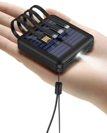 Solar Power Bank 12000mAh,ll Solar Charger Built in 4 Cables,USB C Input/Output,Dual Flashlight External Battery Portable Charger Power Bank for iPhone,Tablet,Samsung