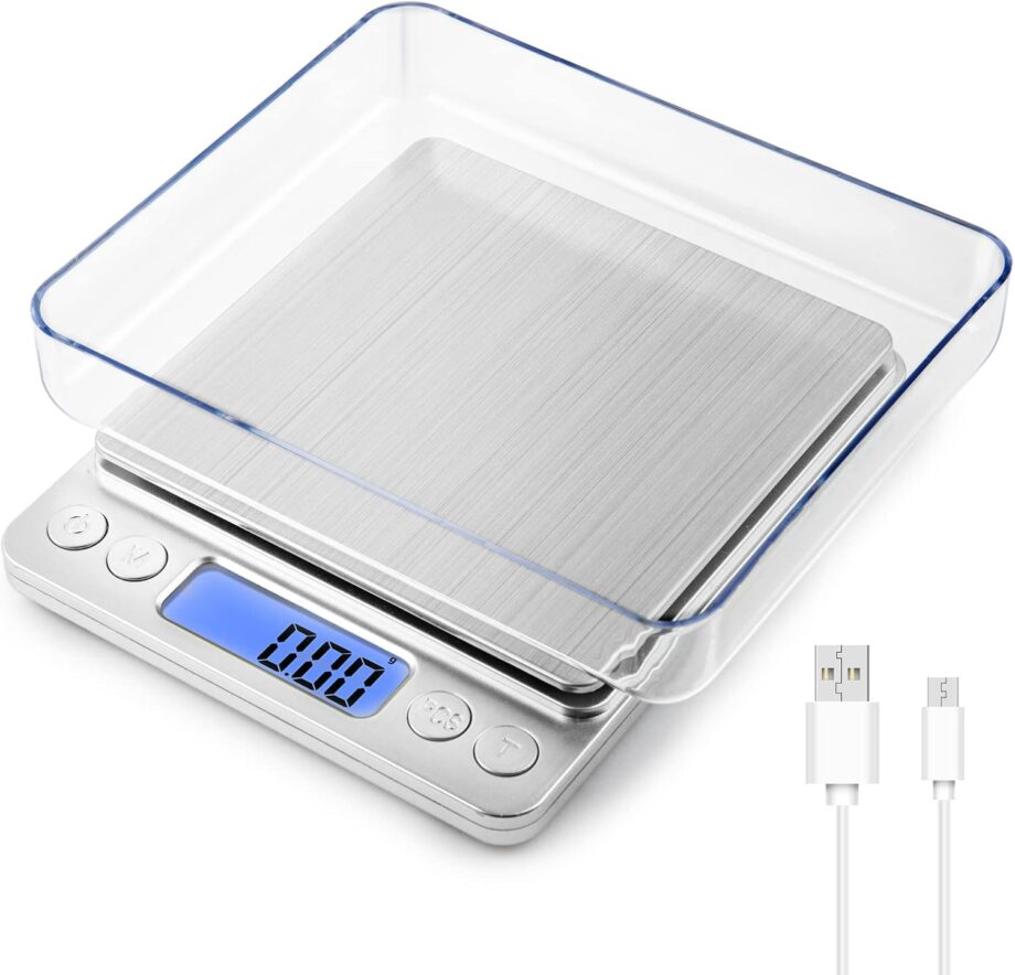 Food Scale Small Gram Scale Digital Gram and Ounce Scale, USB Rechargeable 0.01g/0.001oz Accurate,  Kitchen Scale for Soap Making, Jewelry, Baking, Tare Function, Including Battery and 2 Trays