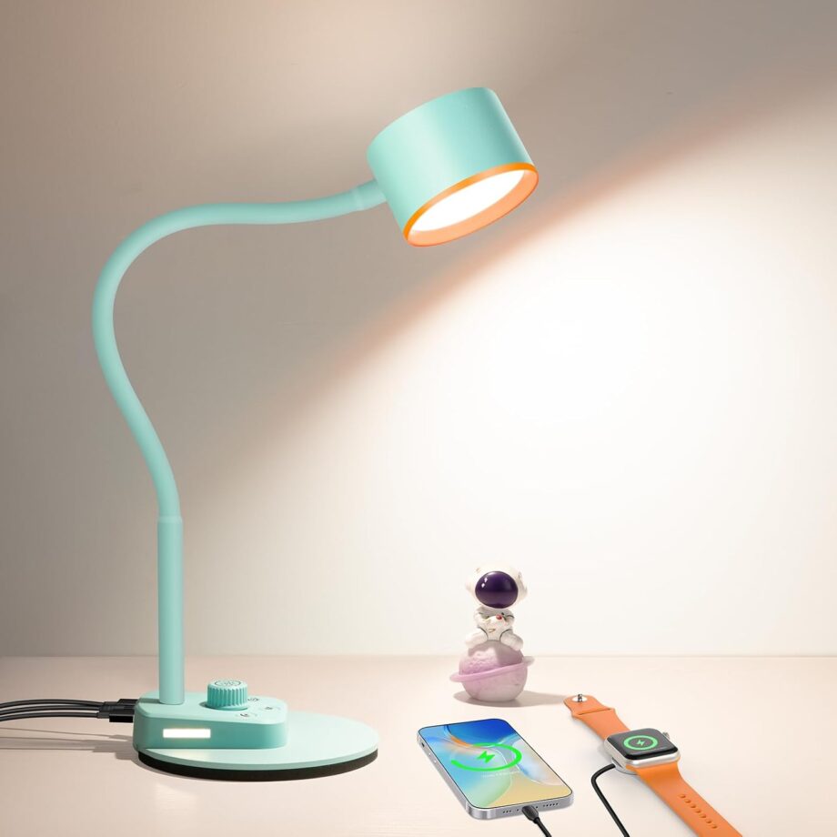 Desk Lamp, Fully Dimmable Bedside Reading Lamp with USB C + A Charging Ports, 5 Colors, Simple to , Eye Care Metal Table Lamp Efficient Gooseneck Desk Lamps for Home Office College Dorm Room