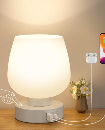 Bedside Table Lamp with Glass Shade, Touch Control, Dual  A+C Charging Ports, Nightstand Lamp, 3-Way Dimmable, Bb Included