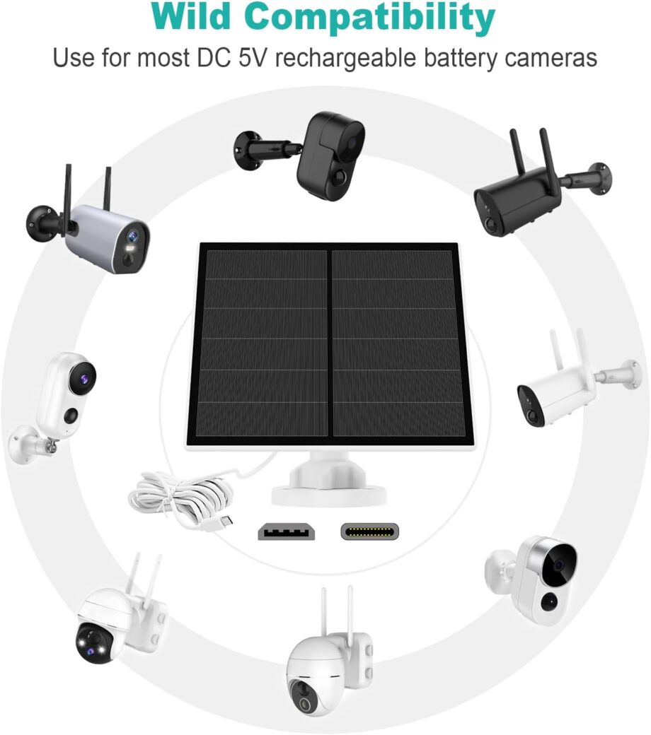 5W Solar Panel for Security Camera, USB Solar Panel for DC 5V Outdoor Rechargeable Battery Camera, Solar Panels with  USB and USB-C Port, Adjustable Security Mount, IP65 Waterproof, 9.8ft Cable