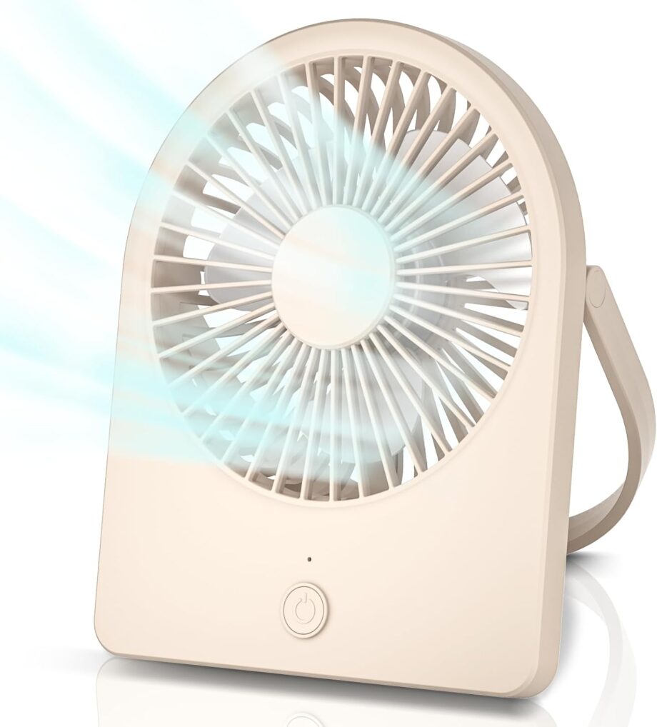 Portable  Desk Mini FAN, -A Corded Powered Small Personal Fan, Foldable Office Desk Accessories for Home, Desktop, 3-speed Hangable Cruise Essentials with Strong Wind, Beige