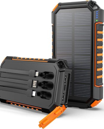 Power Bank Solar Charger 27000mAh Built in 3 Cables Five Outputs 15W Fast Charging Power Bank for All Mobile Devices Solar Portable Charger with Dual Flashlights