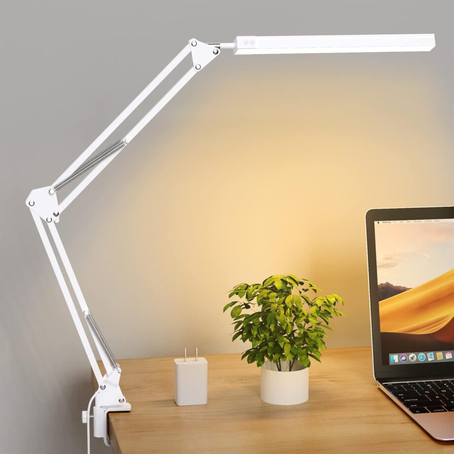 Desk Lamp for Home Office, Clamp-On with 3 Light Modes | 14W Adjustable Brightness 5000K Eye-Caring Lighting for Study/Bedroom/Computer Desk (White)