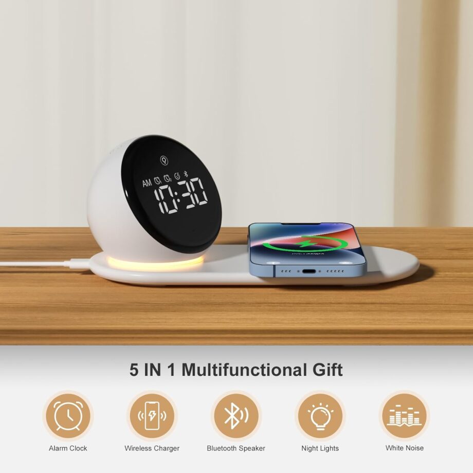 Digital Alarm Clock for Heavy Sleepers Adults, Night Lights, 15W Fast Wireless Charger, 20 White Noise Sounds, 3  Dimmable Touch Table Lamp with Snooze, Gift Ideas for Teens Girls Boys