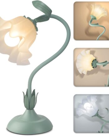 Women Bedside Table Lamps for Bedroom, Cute Flower Desk Lamp with Adjustable Flexible Gooseneck, 3 Color Temperatures Nightstand Lamp with E26 LED Bulbs, Floral Lamp for Living Room, Office,Reading