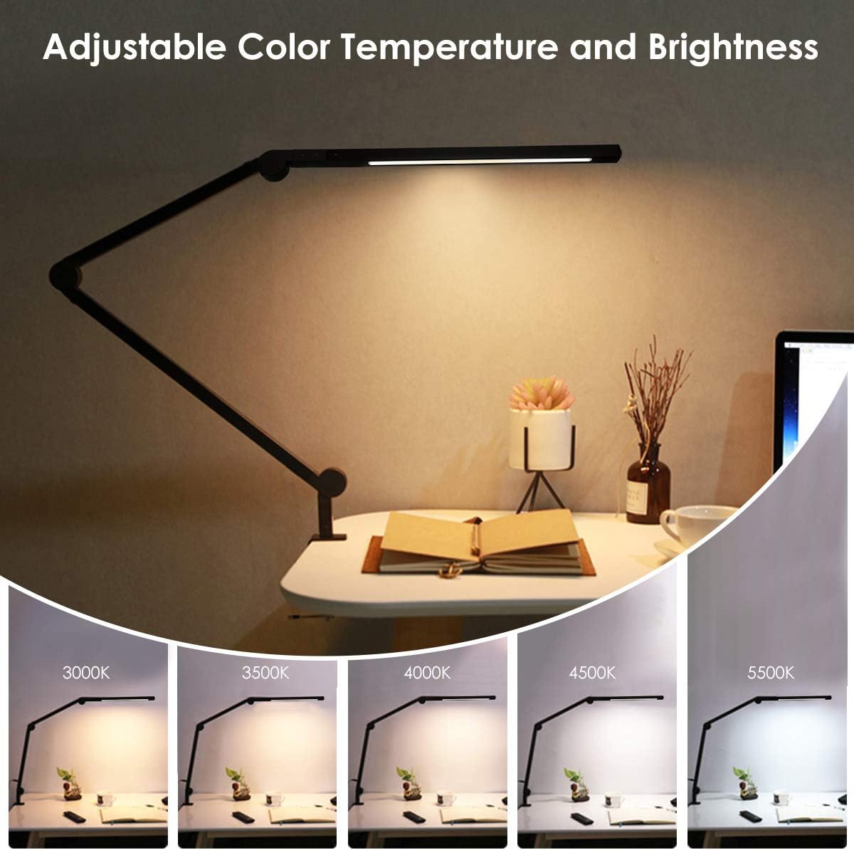 Desk Lamp with Clamp | Swing Arm Desk Light | Eye Caring Table Lamp, Dimmable, 5 Color Modes, Memory, Timer | Modern Architect Desk Lamps for Home Office Study Work Task Drafting Workbench