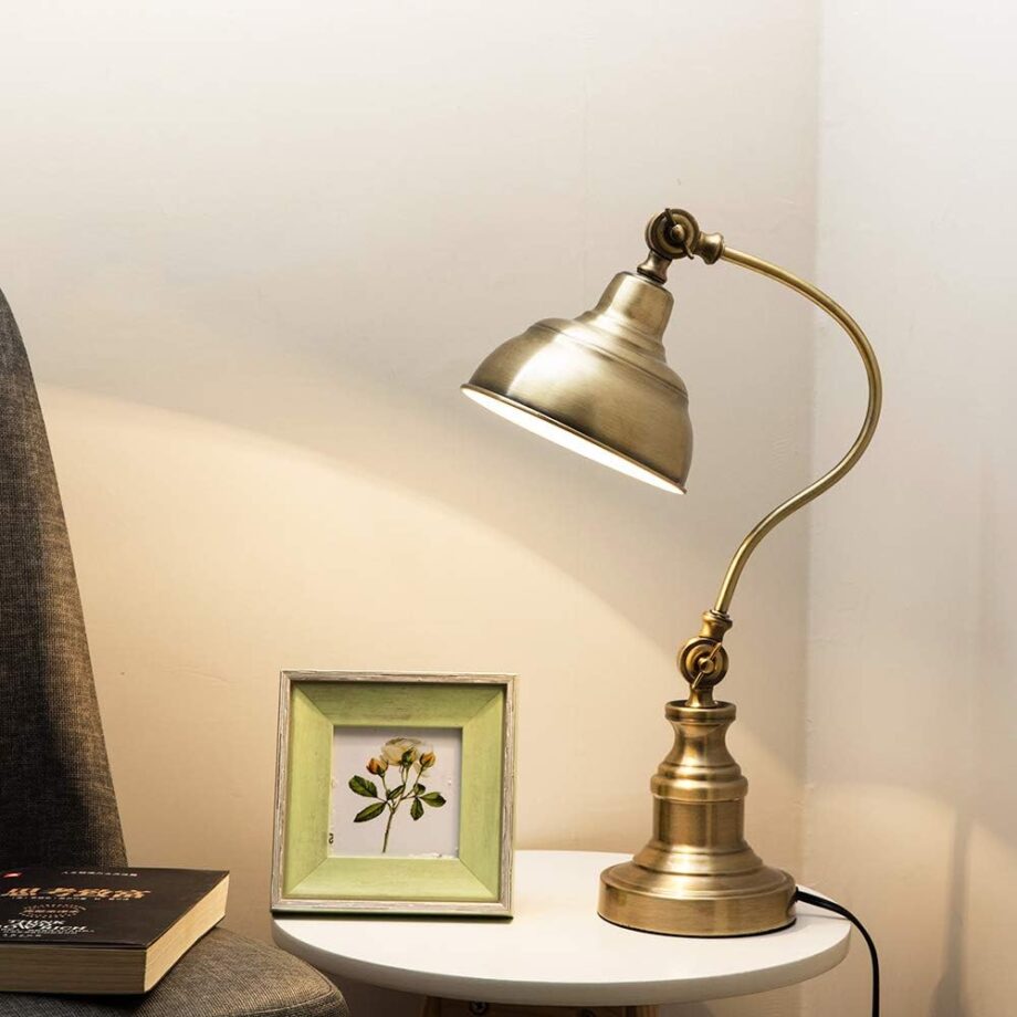 Brass Desk Lamp, Adjustable Table Lamp, Vintage Task Lamp with Rotary Shade Adjustable Height, Rechargeable Lamps for CoffeeTable Restaurant Bedroom Dinner Lighting