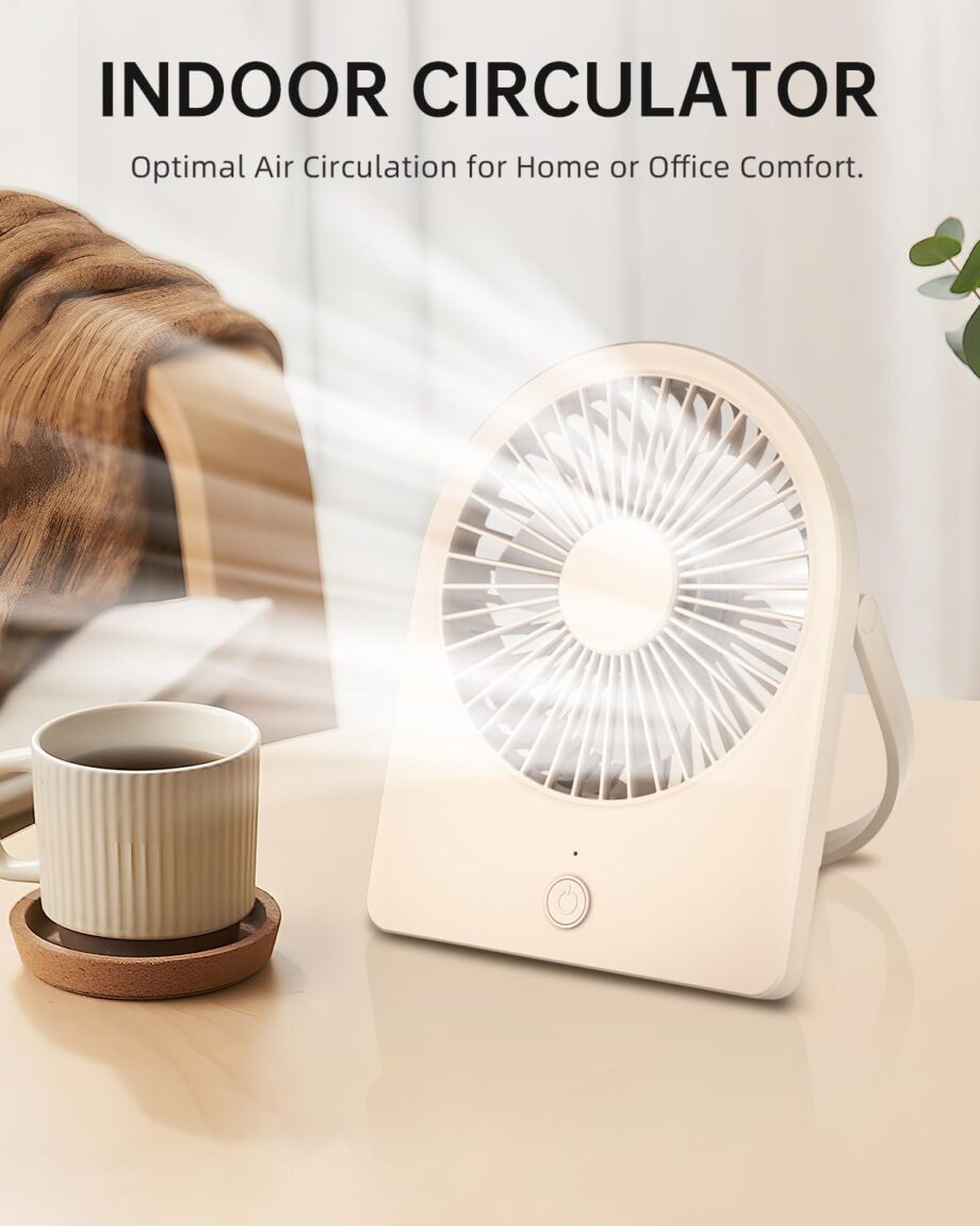 Portable  Desk Mini FAN, -A Corded Powered Small Personal Fan, Foldable Office Desk Accessories for Home, Desktop, 3-speed Hangable Cruise Essentials with Strong Wind, Beige