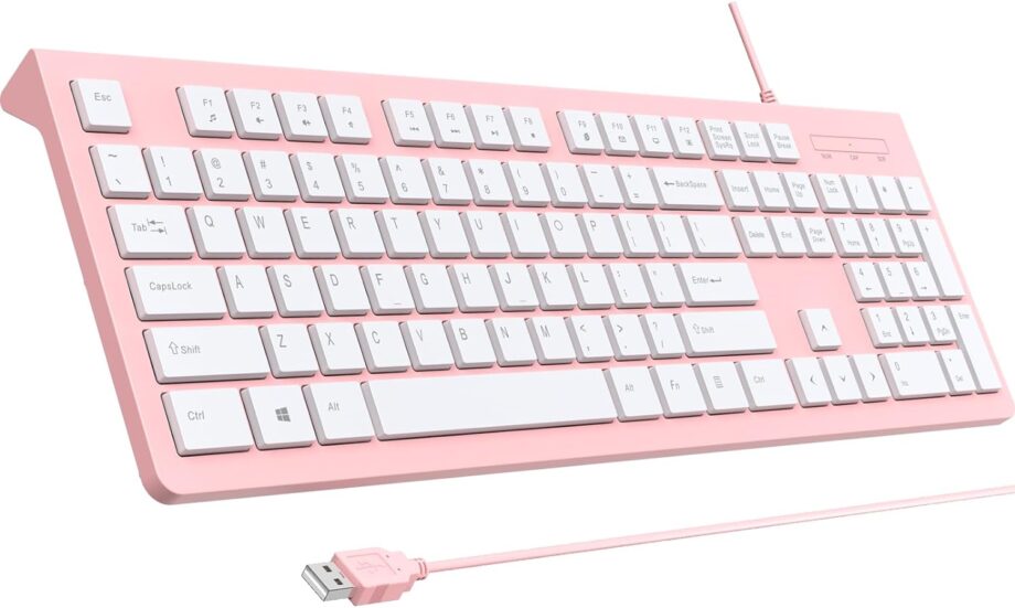 Computer Keyboard Wired, Plug Play USB Keyboard, Low Profile  Keys, Large Number Pad, Caps Indicators, Foldable Stands, Spill-Resistant, Anti-Wear Letters for PC Laptop (Pink, 1-Pack)