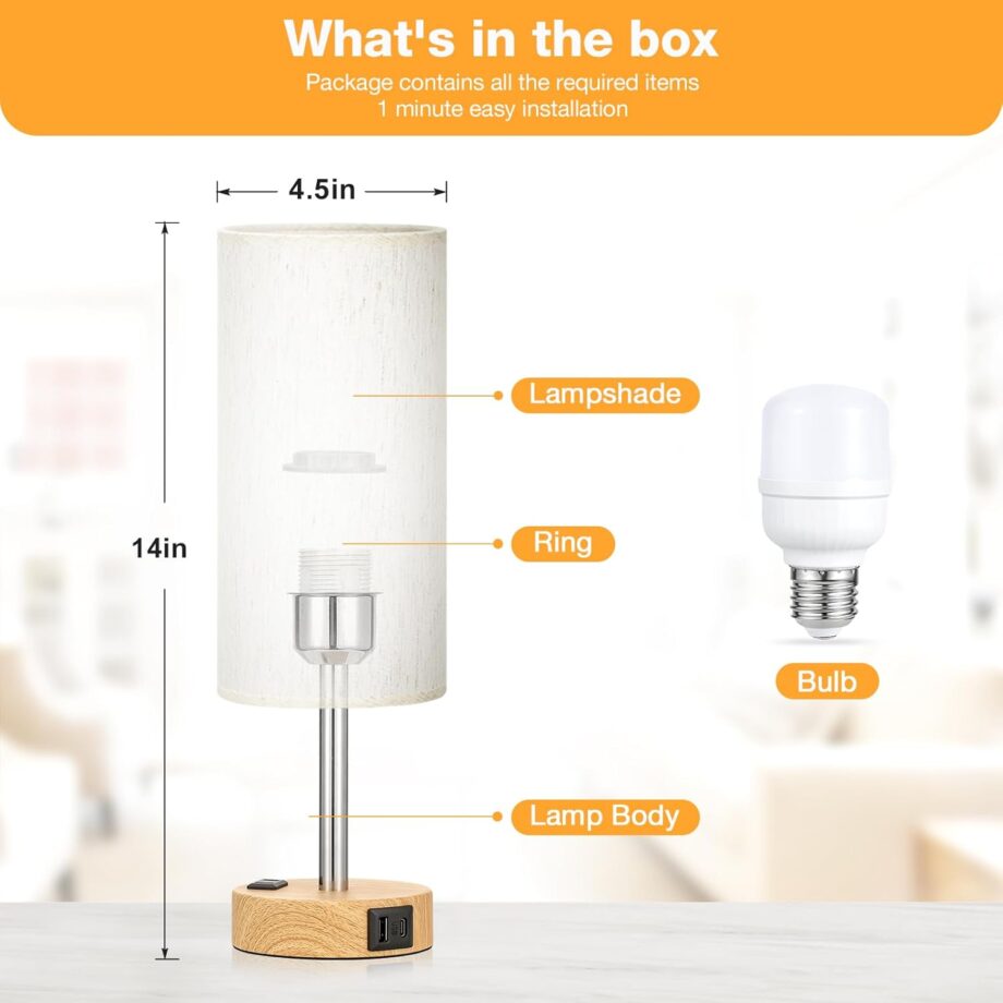 Bedside Table Lamp for Bedroom - 3 Way Dimmable Touch Lamp  C Charging Ports and AC Outlet, Small Lamp Wood Base Round Flaxen Fabric Shade for Living Room, Desk,  Bb Included