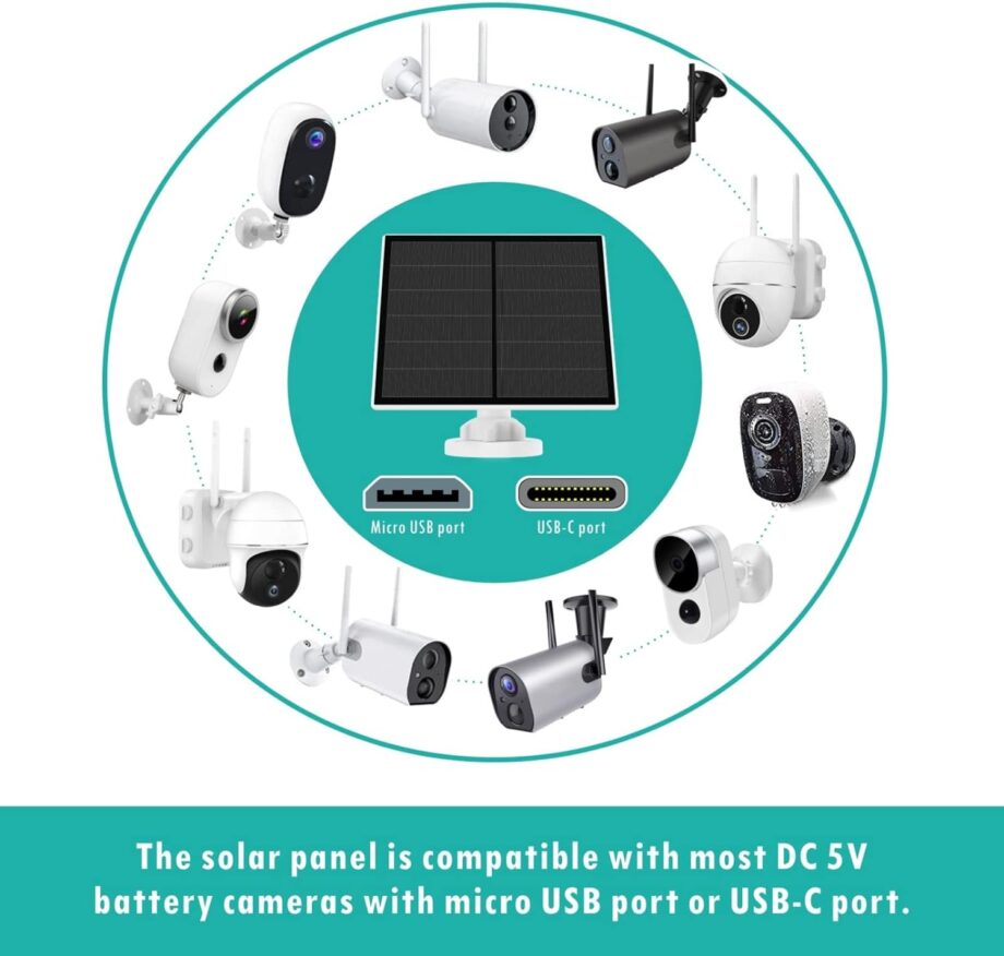 5W Solar Panel for Security Camera Outdoor, 5V USB Solar Panel Charger Compatible with Rechargeable Battery Powered Cam, Camera Solar Panel with IP65 Waterproof, 9.8ft Cable, 360° Adjustable Bracket